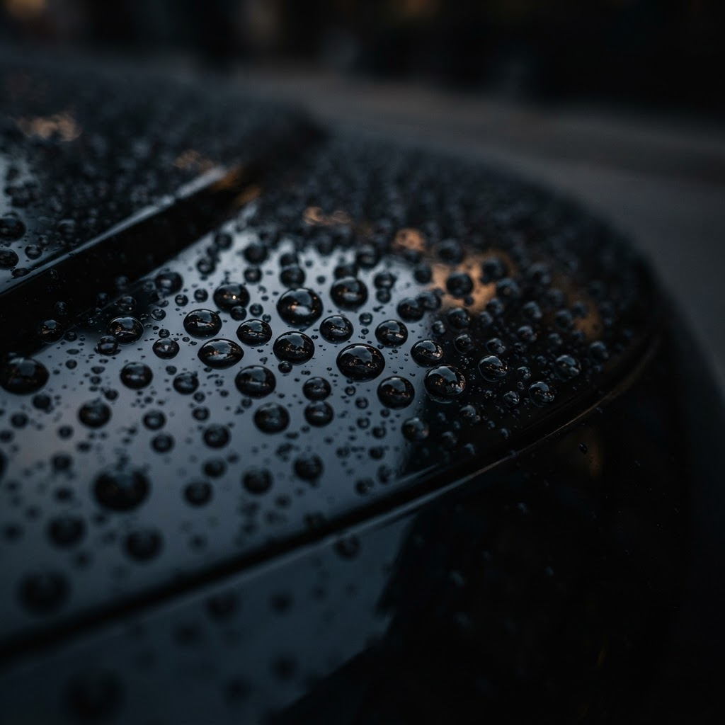 Water beading on a coated glossy black surface