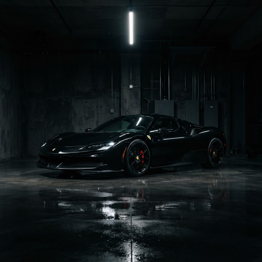 Black sports car in a dark garage