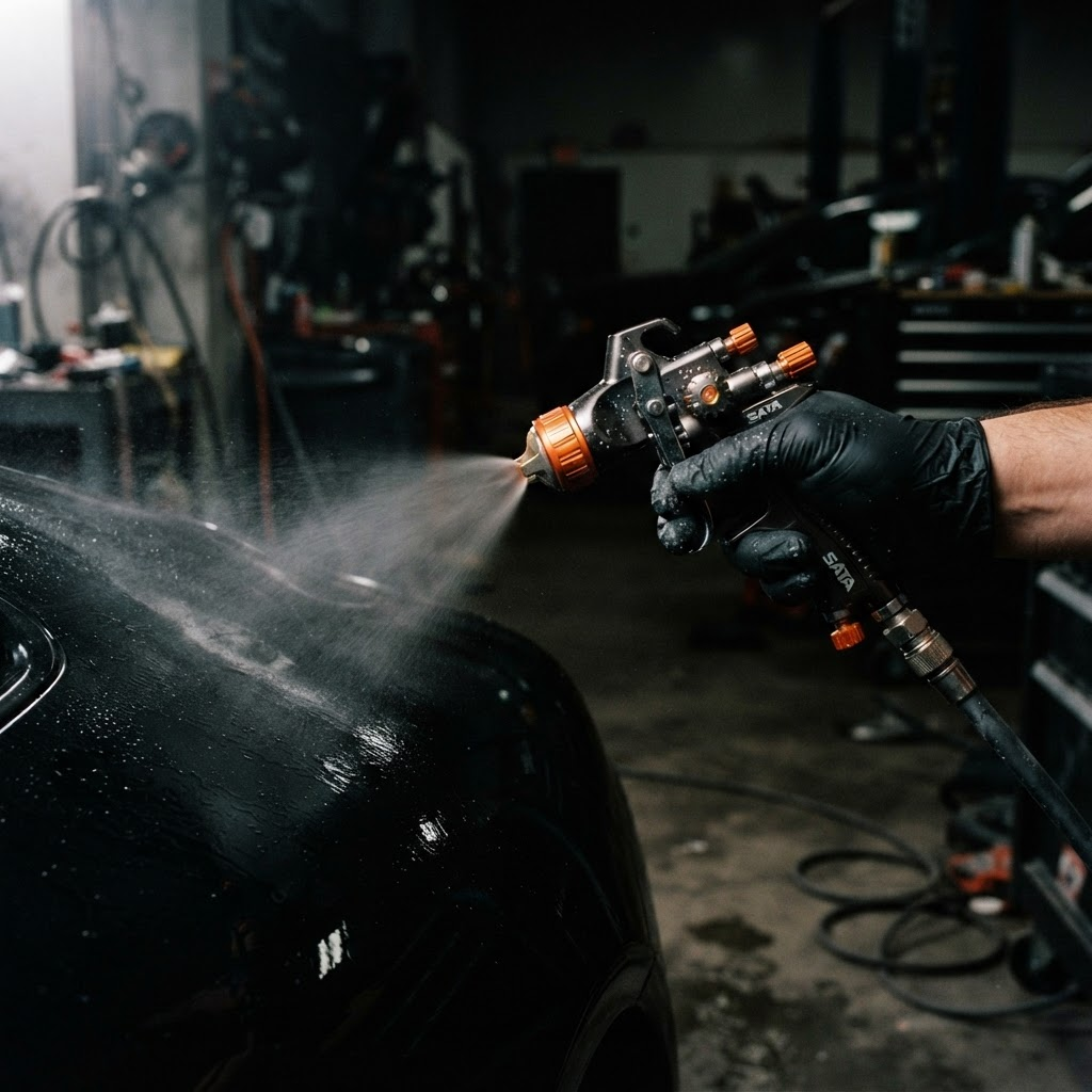 Gloved hand spraying LIQVIX coating onto a black car panel